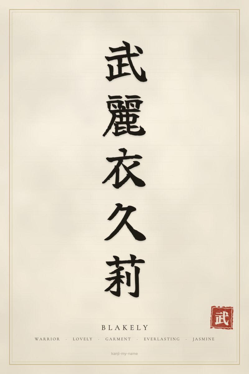 Blakely in kanji: 武麗衣久莉 — artistic ateji