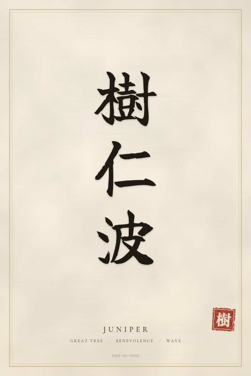 Juniper in kanji: 樹仁波 — artistic ateji