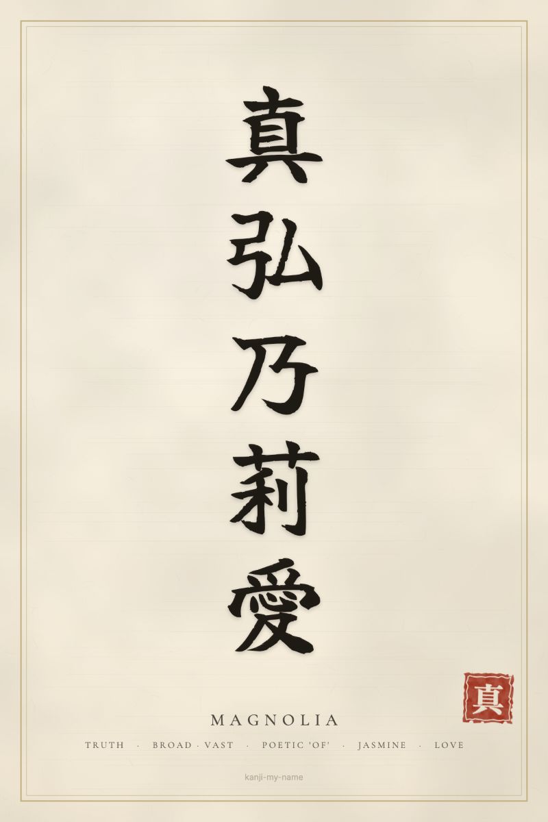 Magnolia in kanji: 真弘乃莉愛 — artistic ateji