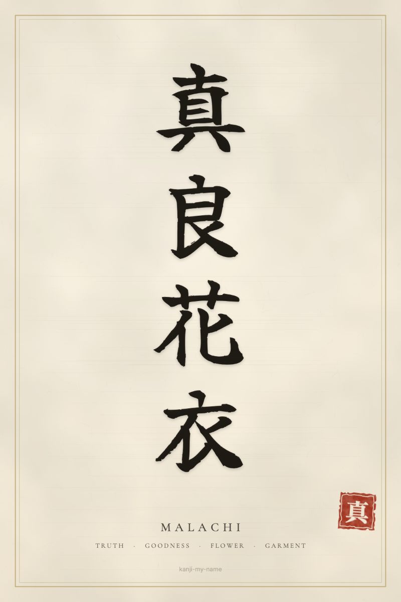 Malachi in kanji: 真良花衣 — artistic ateji