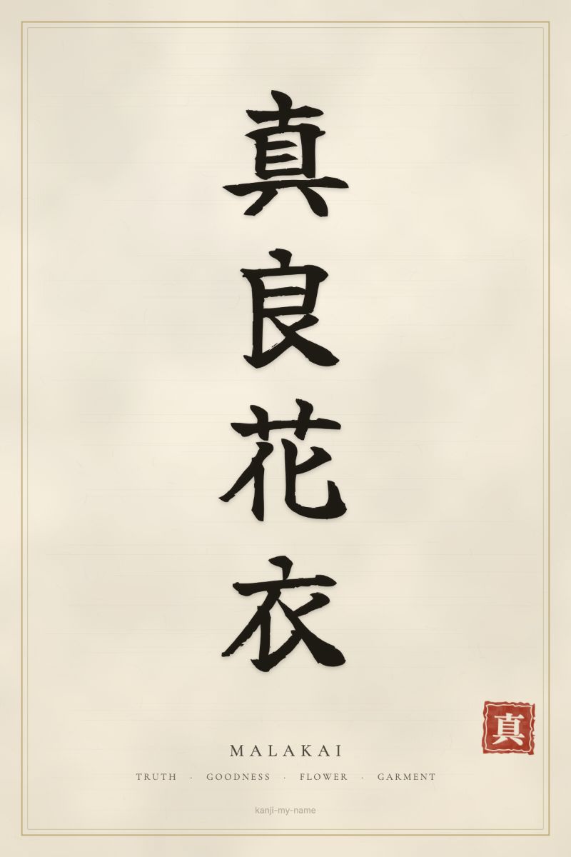 Malakai in kanji: 真良花衣 — artistic ateji