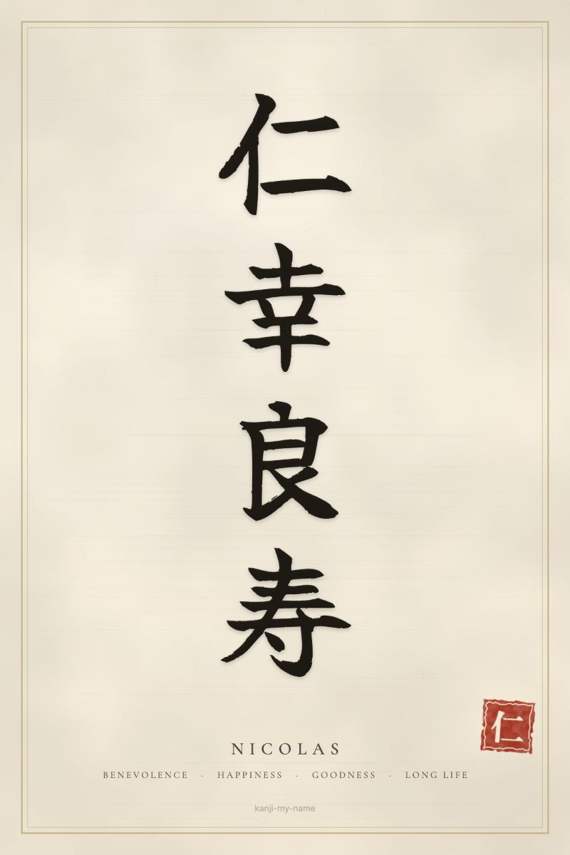 Nicolas in kanji: 仁幸良寿 — artistic ateji